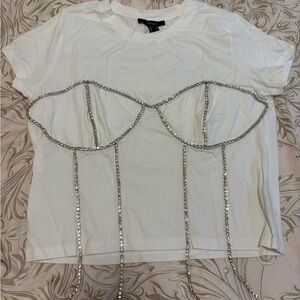 NWT Forever 21 White T-Shirt with Rhinestone Bustier Detail (Size XL)